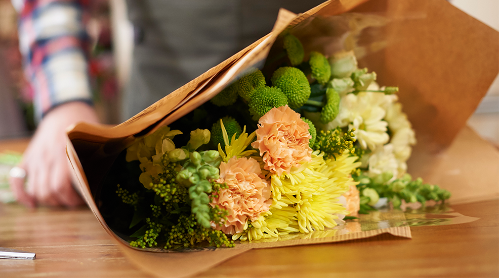 Close-up of a wrapped bunch of flowers 